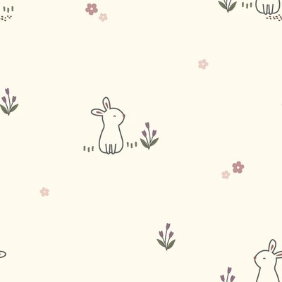 off white grey rabbit and flowers cotton