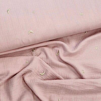 roze (oud licht poeder) taupe goud Maan en Sterren broderie hydrofiel (op=op)