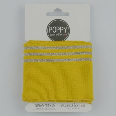 geel (mosterd/oker) goud (glitter) boordstof 7cm breed - 135cm/kaartje (op=op)