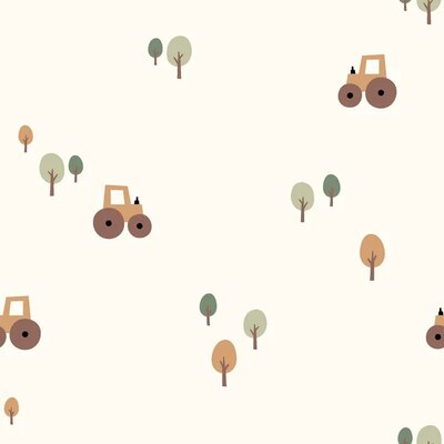 wit (off white) bruin camel dusty groen Boerderij tractor en bomen poplin katoen (op=op)