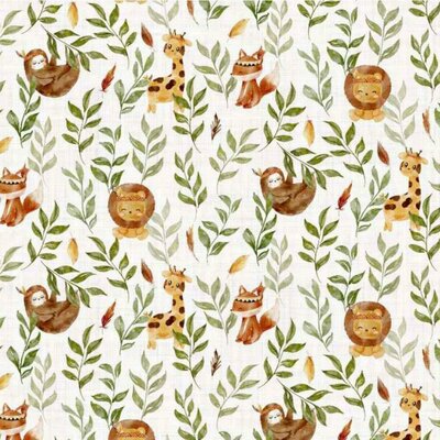 wit cognac groen cacao Indiaan dieren vos,  leeuw, giraf, luiaard en takjes digitaal katoen