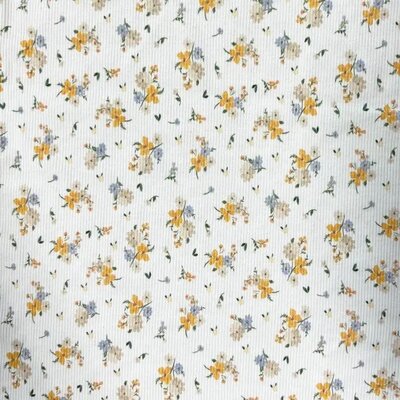 wit (off white) geel beige blauw  Bloemboeket - digitaal fijne katoenen Baby rib tricot SOFT (op=op)