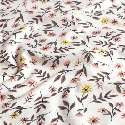 off white peach pink olive green flowers and twigs jersey