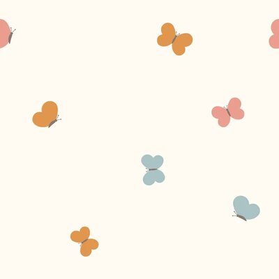 wit (off white) licht blauw geel roze Vlinders poplin katoen (op=op)