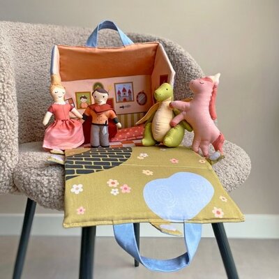 roze-terracotta camel olijf nude roze Kasteel Poppenhuis paneel digitale poplin katoen (op=op)