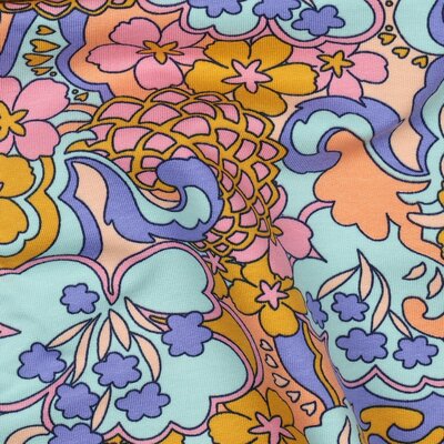 blauw geel turquoise zalm mint roze Abstracte bloemen - french terry (op=op) V