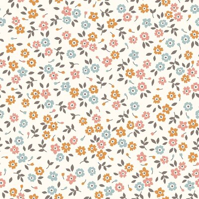 nog 1m - wit (off white) roze oranje geel licht blauw Frisse Bloemen poplin katoen (op=op)