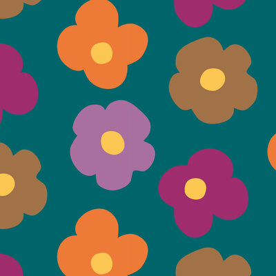 groen (petrol) oranje lila caramel geel oud lila Grote Bloem - french terry (op=op)