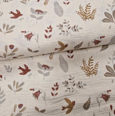 white beige cacao camel birds twigs and leafs double gauze