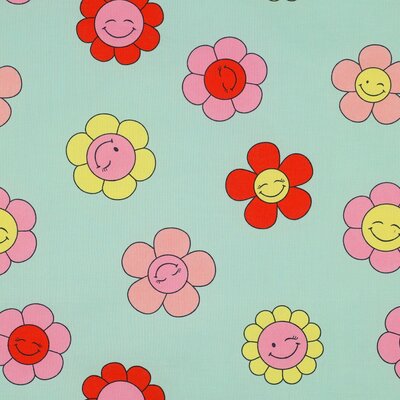 groen rood geel roze Blije Daisy Bloem GECOAT katoen (op=op)