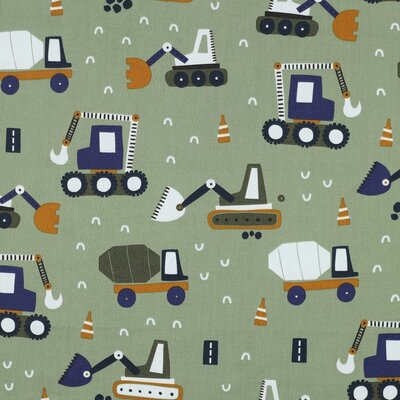 groen (olijf) marine cacao army Werk Voertuigen graafmachine betonwagen poplin katoen (op=op)