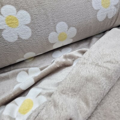 beige (kiezel) wit geel Grote Bloemen dubbelzijdig Knuffel fleece