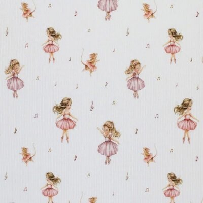wit (off white) roze Balletdanseres en muisjes  - digitaal fijne katoenen Baby rib tricot SOFT * (op=op)