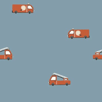 blauw (jeans) rood wit Brandweerauto poplin katoen (op=op)