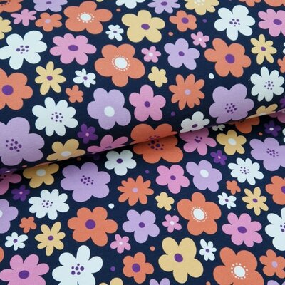 blauw (donker marine) lila roze geel roest grote Bloemen digitale  -  french terry