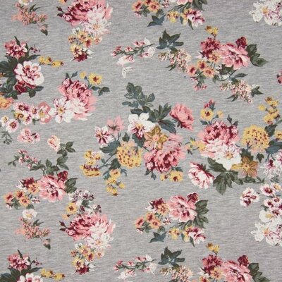 nog 1m - grijs (licht melee) donker rood oker wit roze grote bloemen baby jogging - french terry (op=op)