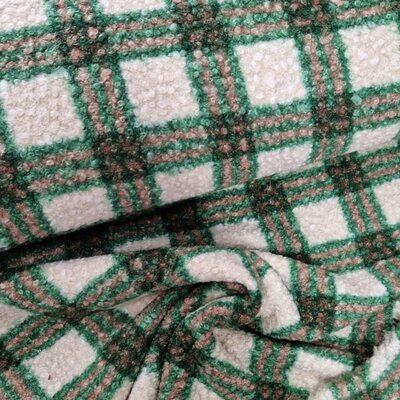  ecru green cacao  checks boucle fabric curly teddy