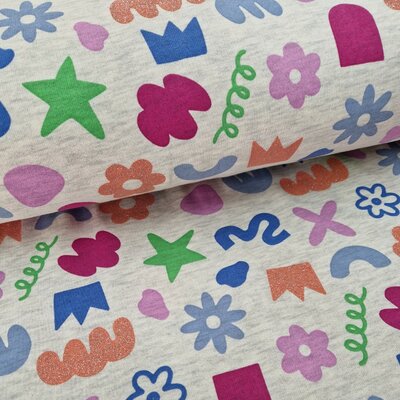 beige (kiezel) (melee) violet fuchsia bauw perzik groen glitters Doodle figuren - french terry (op=op)