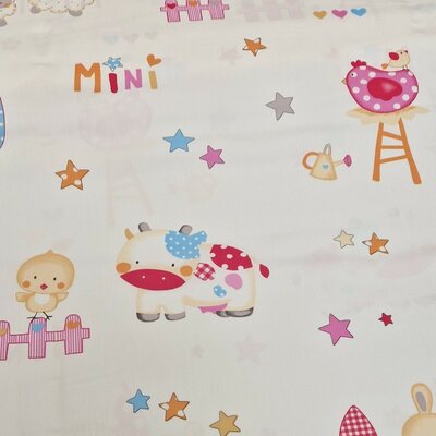 wit (off white) roze rood blauw oranje Schaap Konijn Koe Sterretjes Vogel Bomen Udi Satijn katoen (op=op)