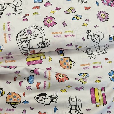 wit (off white) lime groen roze lila blauw geel violet oranje School Tekening Udi Satijn katoen (op=op)