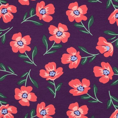 mauve (violet) oranje groen Bloemen - french terry (op=op)