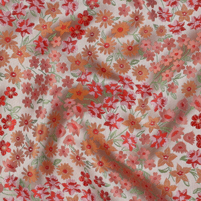 beige roze oranje rood groen Bloemetjes Jacquard stof