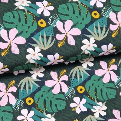 groen (donker) roze geel mint Bladeren en Bloemen digitale  -  french terry (op=op)