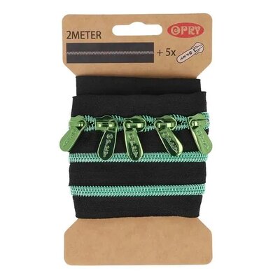 green metallic zipper - 2m incl. 5 sliders