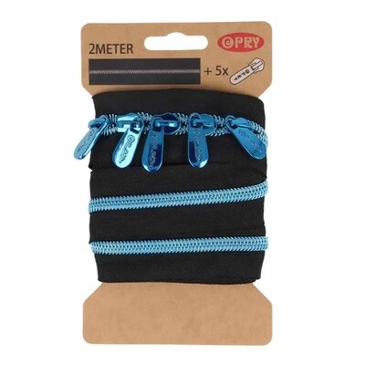 blauw metallic rits - 2mtr incl. 5 schuivers