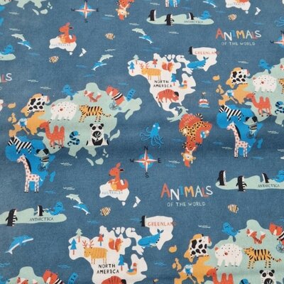 blauw (petrol) wereld dieren udi katoen digitaal katoen (op=op)