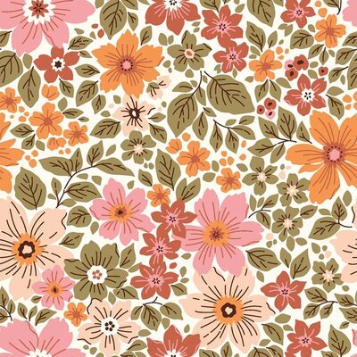 wit (off white) roze-terracotta oranje roze perzik olijf groen Veld Bloemen poplin katoen
