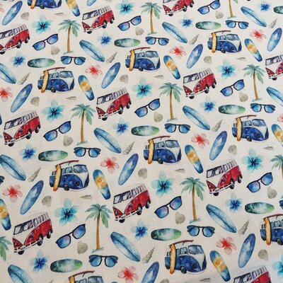 wit blauw rood groen Beach VW Busjes Udi digitaal katoen (op=op)