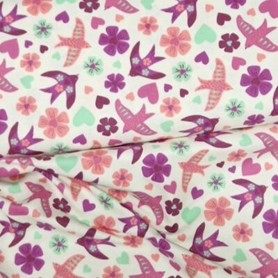 wit (off white) roze plum perzik mint groen Vogels en Bloemen flanel (op=op)