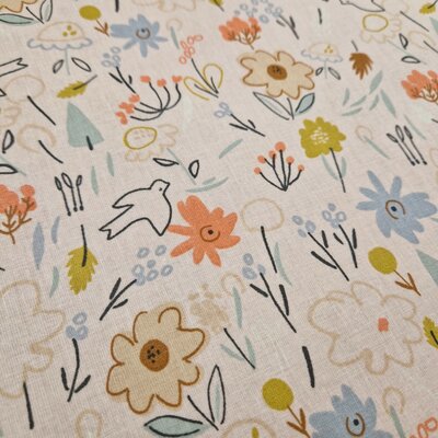 roze (licht poeder) blauw perzik beige mosterd Bloemetjes en Vogels GECOAT katoen (op=op)