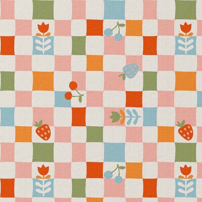 wit blauw oranje rood roze groen Ruiten en Fruit poplin katoen