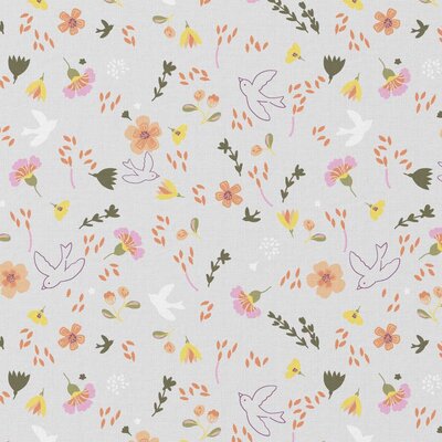 wit (grijzig) perzik roze geel Bloemetjes en Vogels poplin katoen 