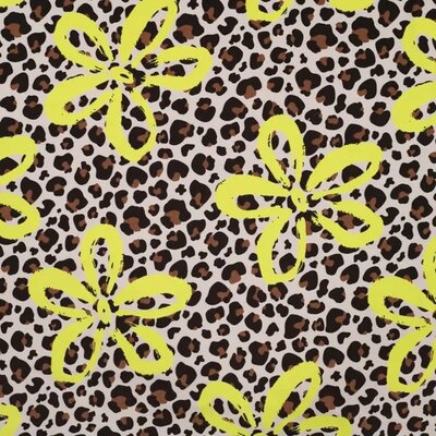 beige (kiezel) bruin Panterprint met Neon gele Bloemen - french terry