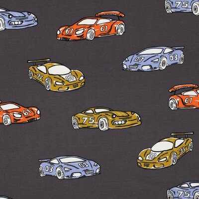 grijs (donker) blauw oranje geel (mosterd) Race Auto's - french terry (op=op)