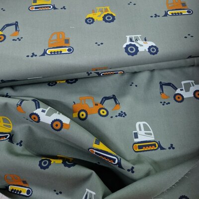 groen (army) oranje blauw geel wit Werk Voertuigen tractor graafmachine poplin katoen (op=op)