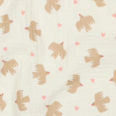 wit (off-white - ecru) beige roze Vogels en Hartjes hydrofiel (op=op)