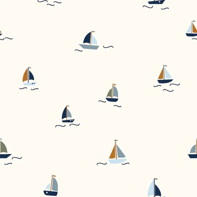 wit (off white) blauw groen cognac ZeilBootjes poplin katoen