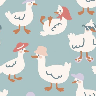 blauw (licht) beige wit Gezellige kippen -  french terry *S