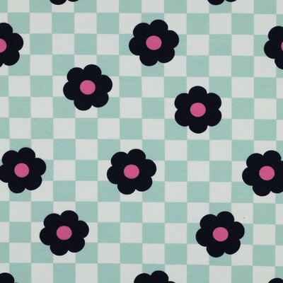 white mint green dark blue fuchsia blocks & big flowers french terry