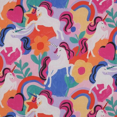 white fuchsia pink yellow blue orange lilac red green Unicorn and flowers digital cotton