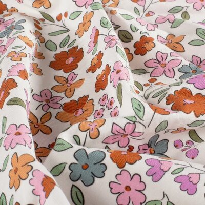 wit (off white) fel gekleurde Bloemen print -  digitale french terry *S