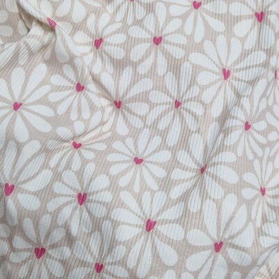 beige (kiezel) wit fuchsia roze Hartjes Bloemen - digitaal fijne katoenen Baby rib tricot SOFT