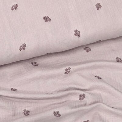mauve pink 3 flowers embroidery double gauze