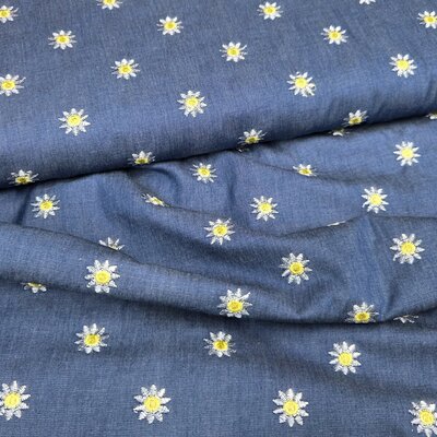blauw Broderie Madelief Bloemen jeans - Denim spijkerstof