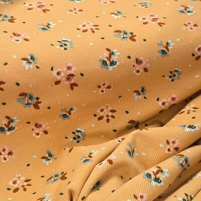 salmon orange Happy flowers waffle knit jersey