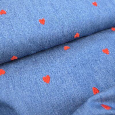 blauw Broderie rode Hartjes jeans - Denim spijkerstof 